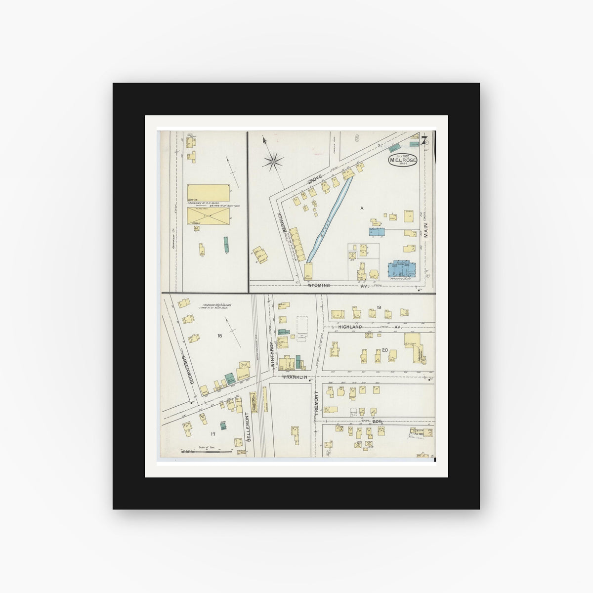 Old map wall art mockup — black gallery frame with white mat — Sanborn Fire Insurance Map from Melrose, Middlesex County, Massachusetts (1892), Sheet #0007
