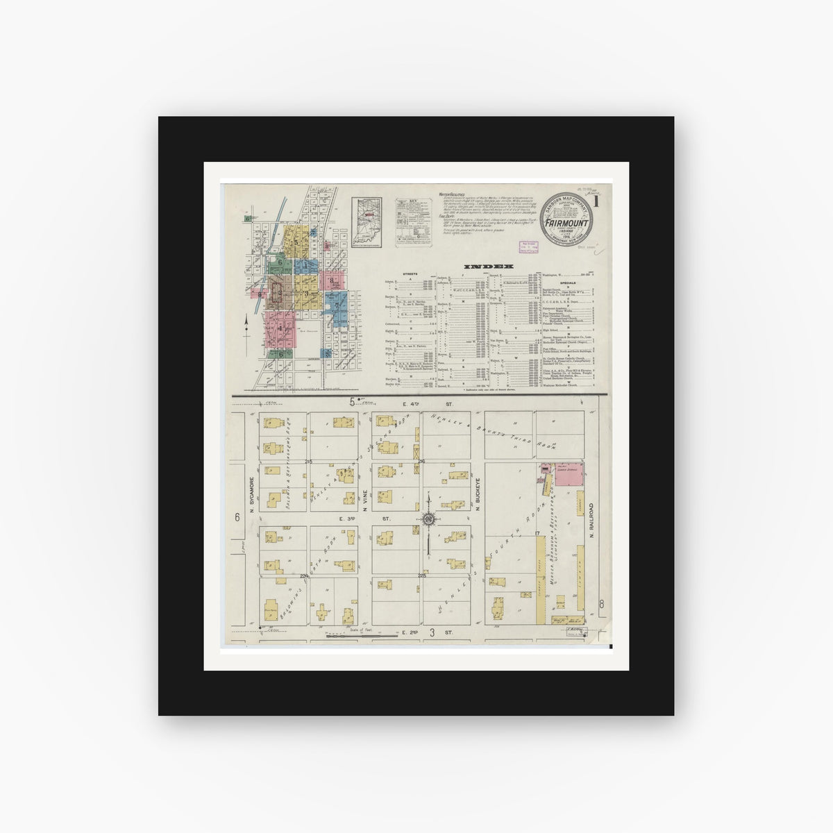 Old map wall art mockup — black gallery frame with white mat — Sanborn Fire Insurance Map from Fairmount, Grant County, Indiana (1916) - Complete Map Set