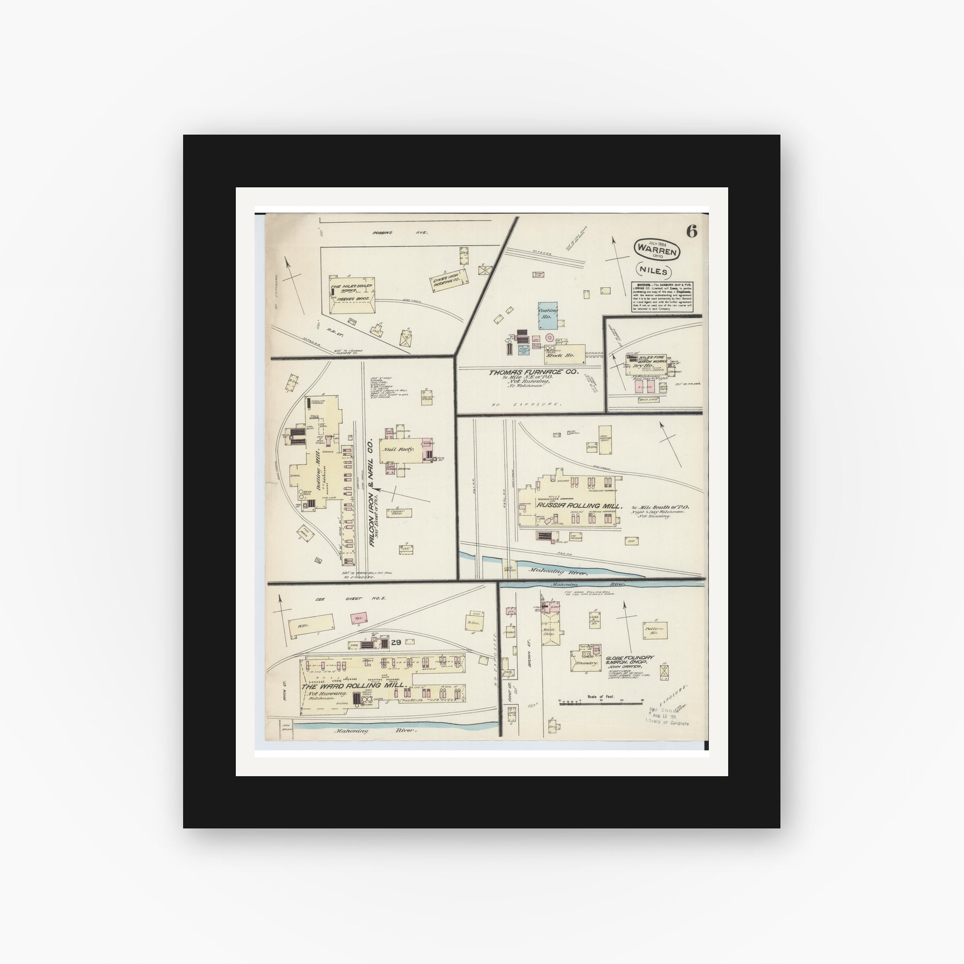 Old map wall art mockup — black gallery frame with white mat — Sanborn Fire Insurance Map from Warren, Trumbull County, Ohio (1884), Sheet #0006