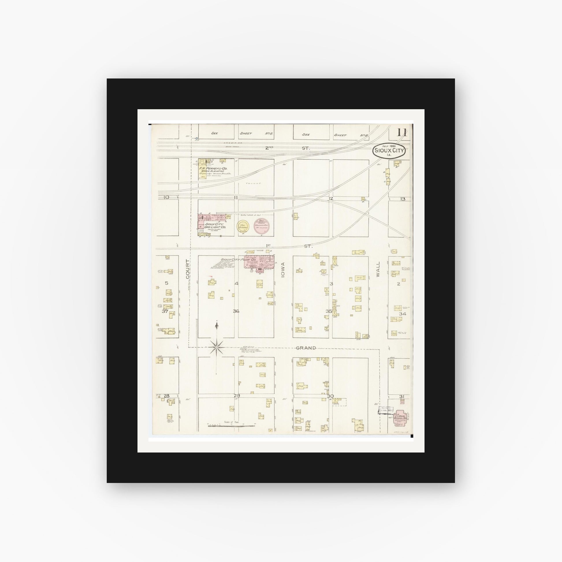 Old map wall art mockup — black gallery frame with white mat — Sanborn Fire Insurance Map from Sioux City, Woodbury County, Iowa (1886), Sheet #0011