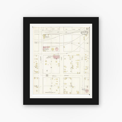 Old map wall art mockup — black gallery frame with white mat — Sanborn Fire Insurance Map from Sioux City, Woodbury County, Iowa (1886), Sheet #0011
