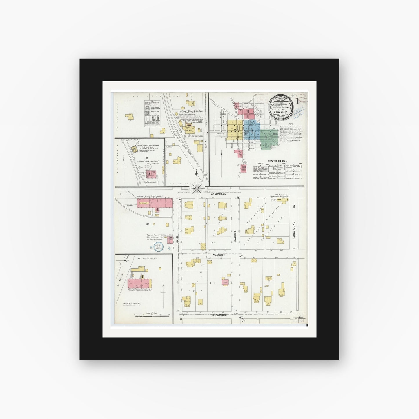 Old map wall art mockup — black gallery frame with white mat — Sanborn Fire Insurance Map from Liberty, Union County, Indiana (1899) - Complete Map Set