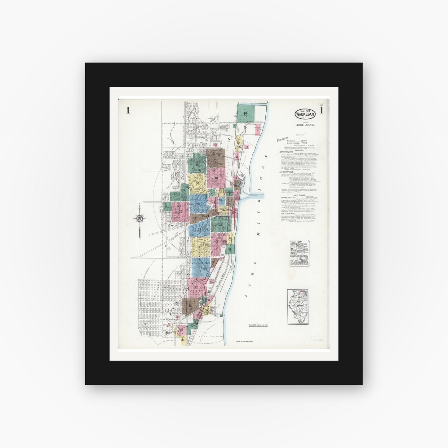 Old map wall art mockup — black gallery frame with white mat — Sanborn Fire Insurance Map from Waukegan, Lake County, Illinois (1924), Sheet #0001