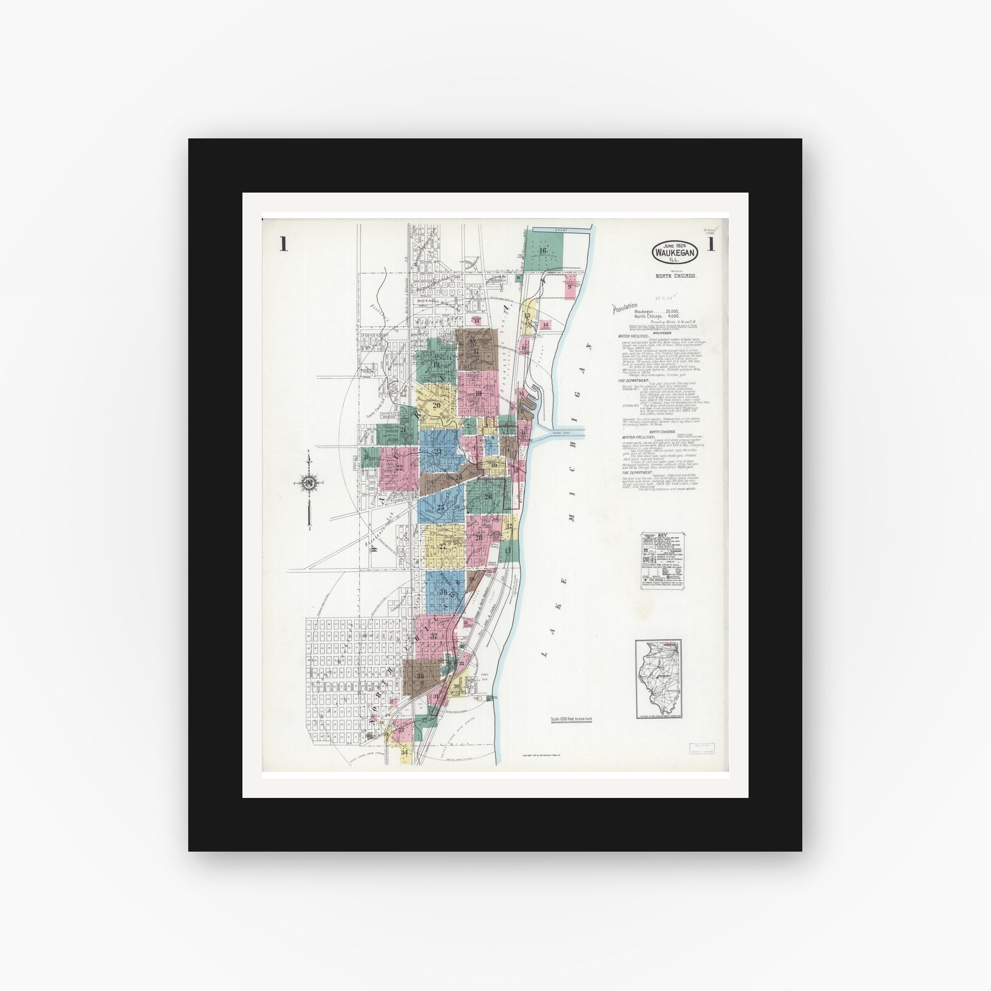 Old map wall art mockup — black gallery frame with white mat — Sanborn Fire Insurance Map from Waukegan, Lake County, Illinois (1924), Sheet #0001