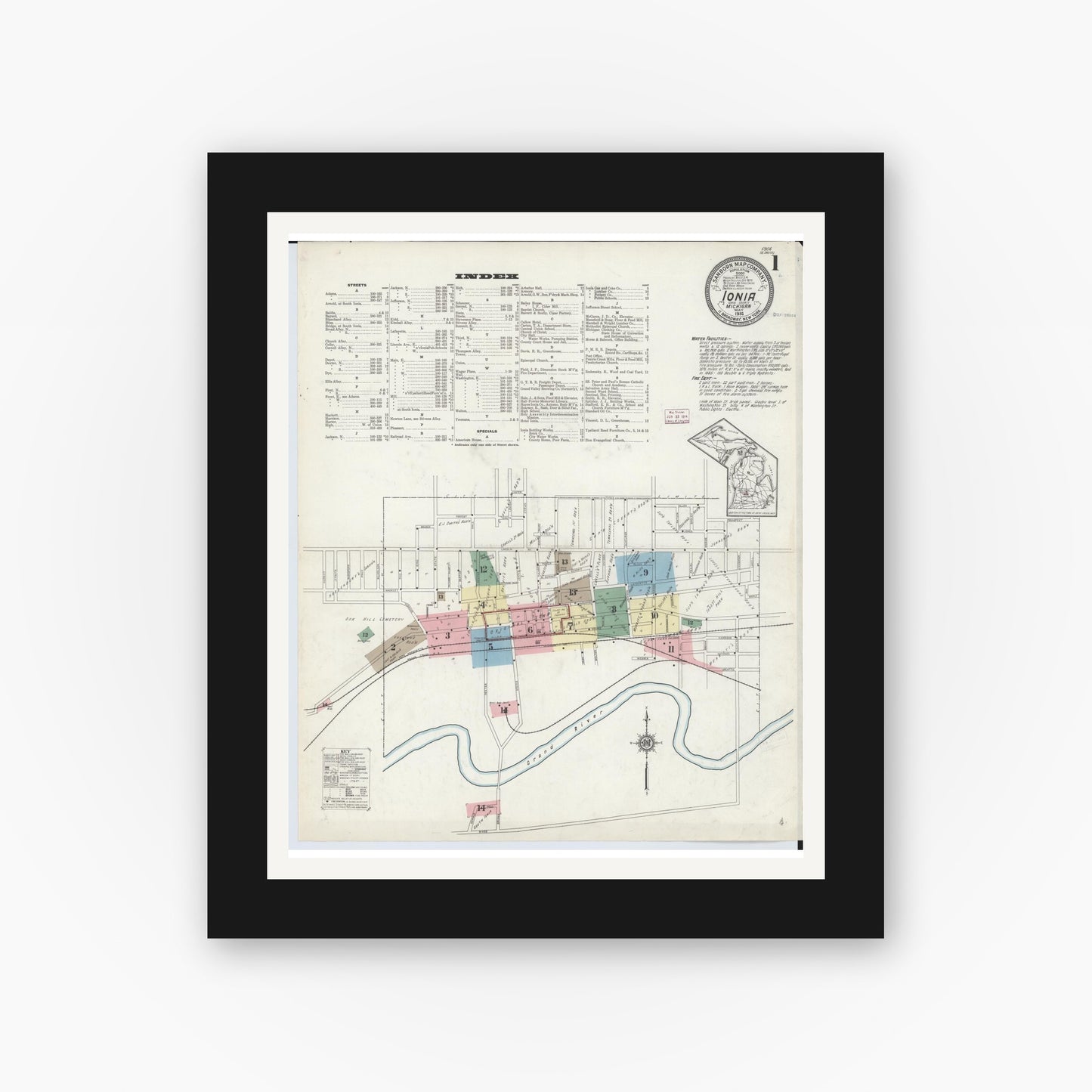 Old map wall art mockup — black gallery frame with white mat — Sanborn Fire Insurance Map from Ionia, Ionia County, Michigan (1914) - Complete Map Set