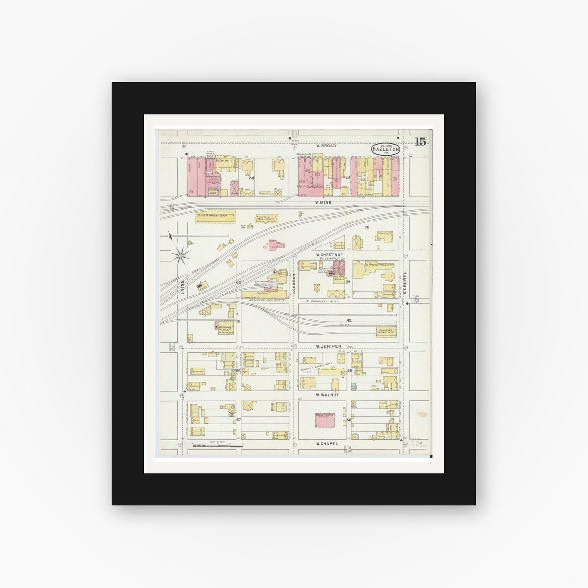 Old map wall art mockup — black gallery frame with white mat — Sanborn Fire Insurance Map from Hazleton, Luzerne County, Pennsylvania (1895), Sheet #0015