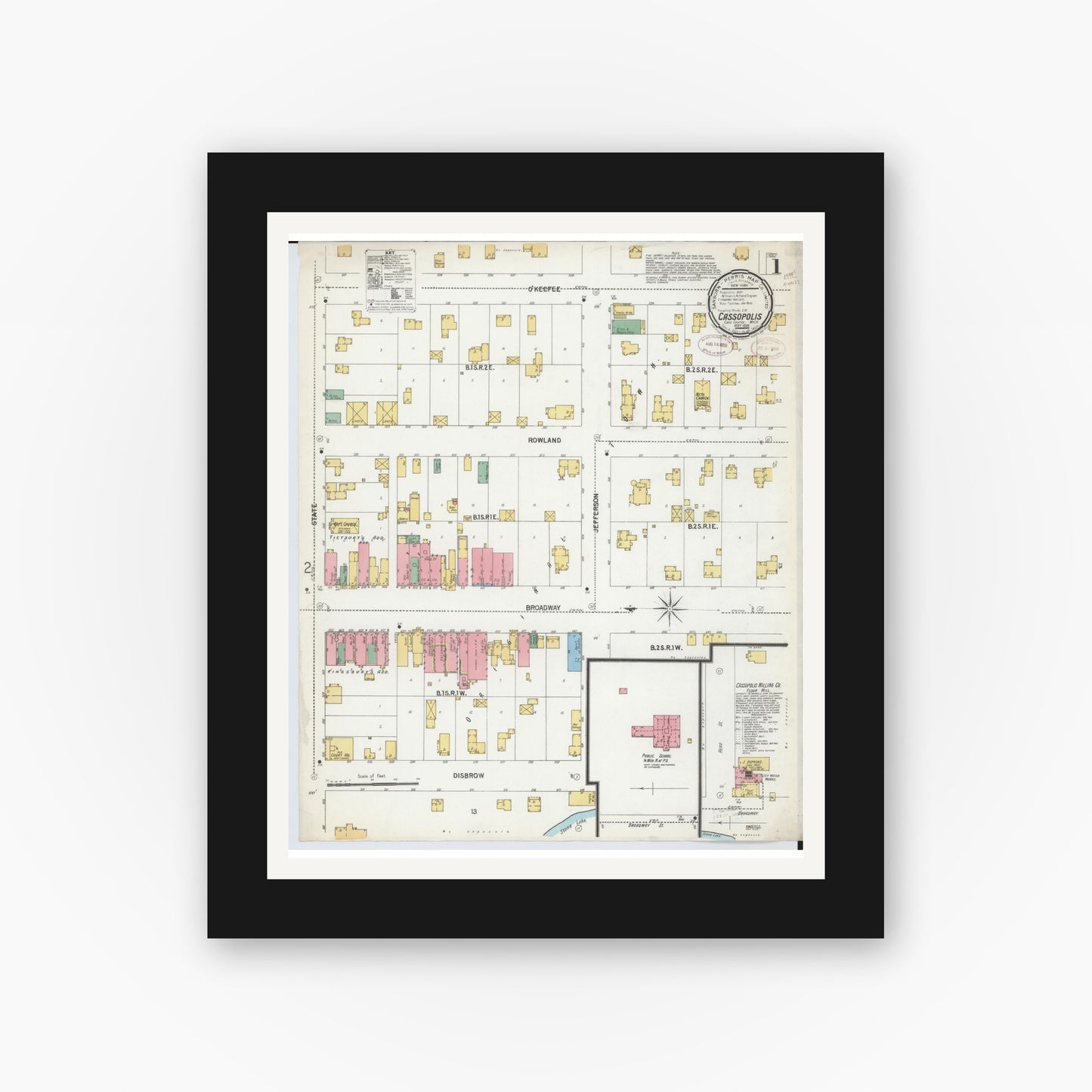 Old map wall art mockup — black gallery frame with white mat — Sanborn Fire Insurance Map from Cassopolis, Cass County, Michigan (1899), Sheet #0001