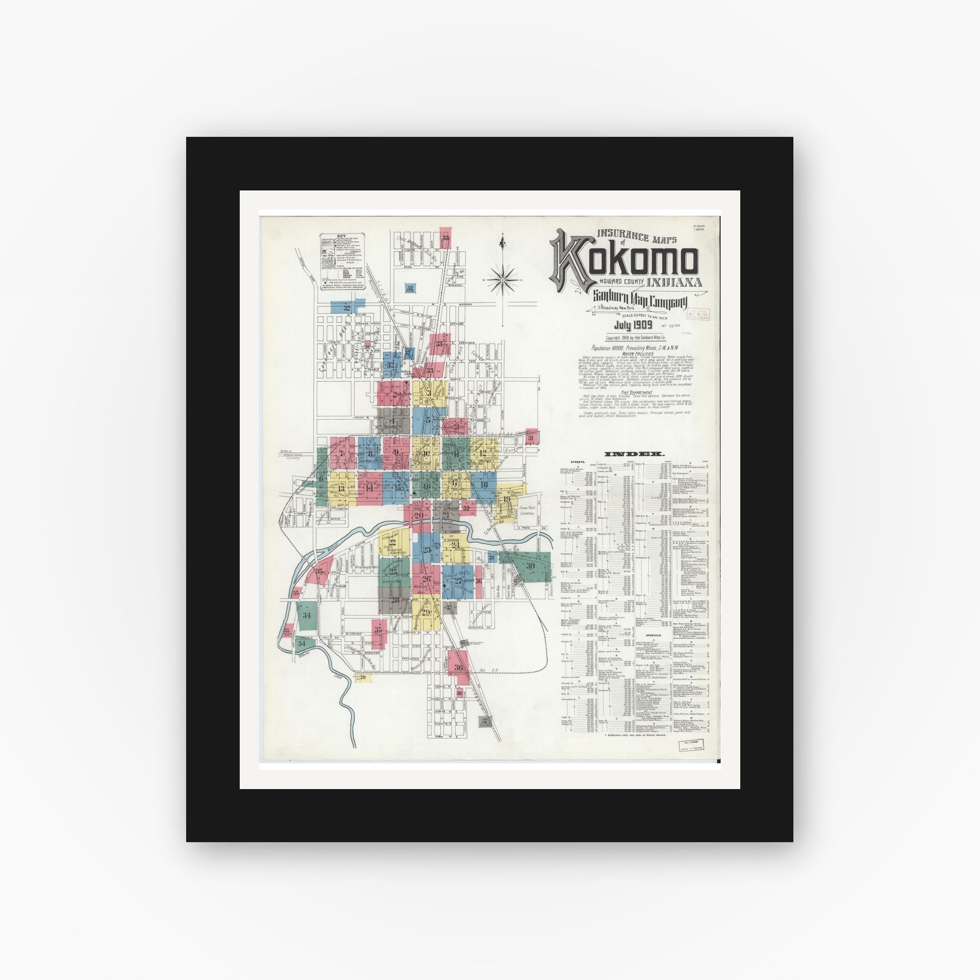 Old map wall art mockup — black gallery frame with white mat — Sanborn Fire Insurance Map from Kokomo, Howard County, Indiana (1909), Sheet #0001