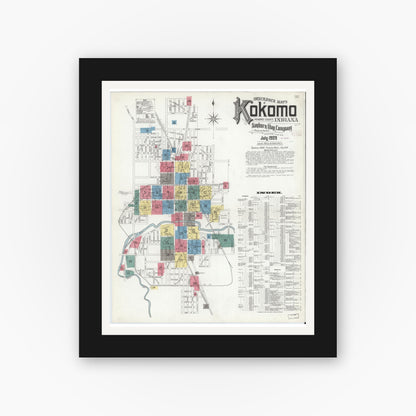 Old map wall art mockup — black gallery frame with white mat — Sanborn Fire Insurance Map from Kokomo, Howard County, Indiana (1909), Sheet #0001