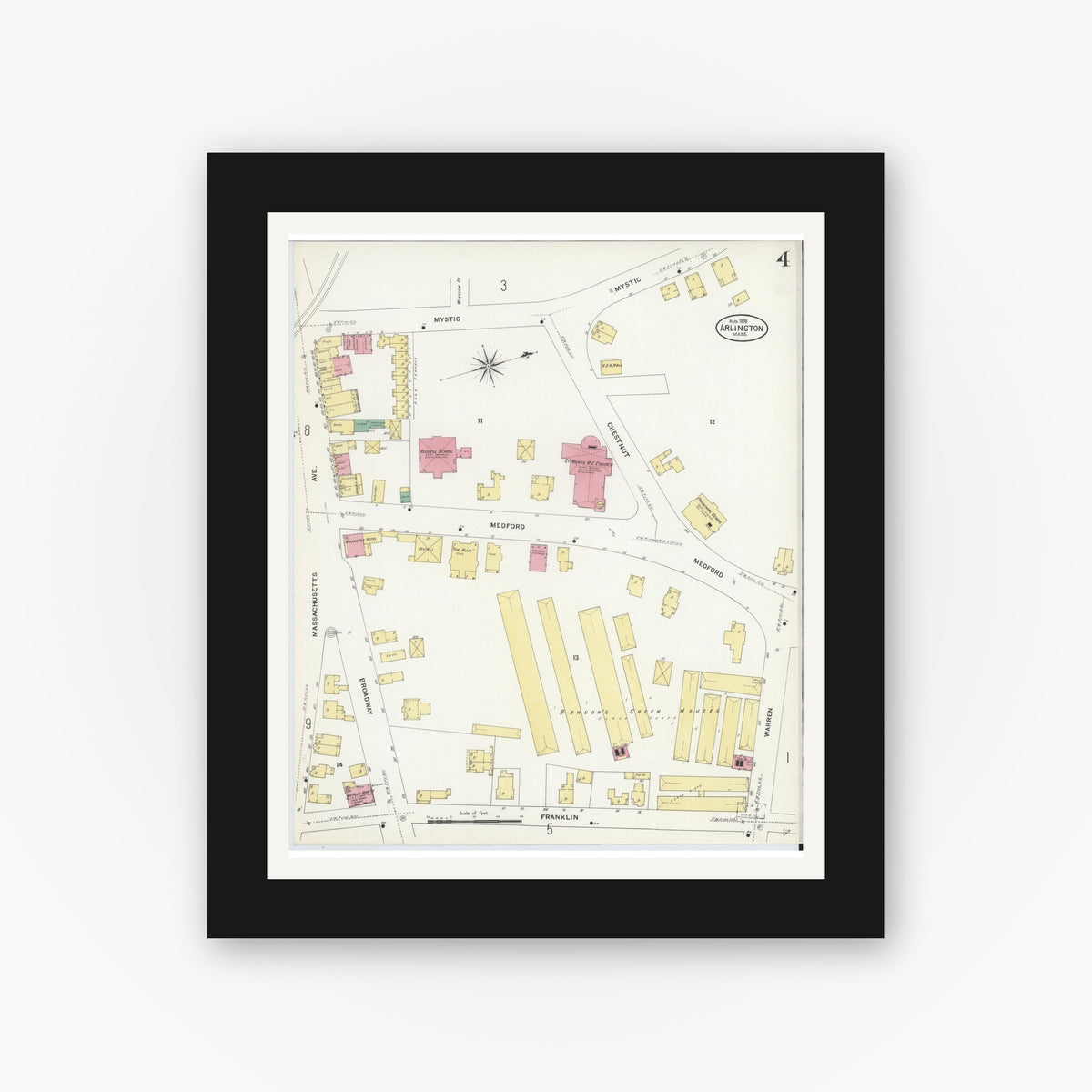 Old map wall art mockup — black gallery frame with white mat — Sanborn Fire Insurance Map from Arlington, Middlesex County, Massachusetts (1908), Sheet #0004