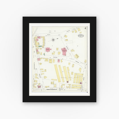 Old map wall art mockup — black gallery frame with white mat — Sanborn Fire Insurance Map from Arlington, Middlesex County, Massachusetts (1908), Sheet #0004