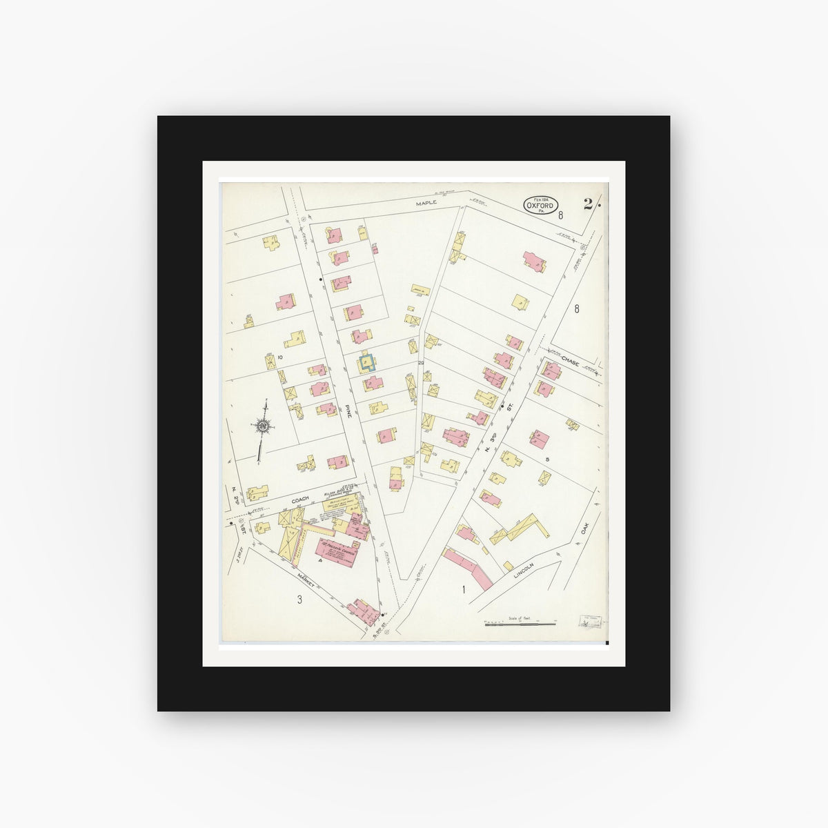Old map wall art mockup — black gallery frame with white mat — Sanborn Fire Insurance Map from Oxford, Chester County, Pennsylvania (1914), Sheet #0002