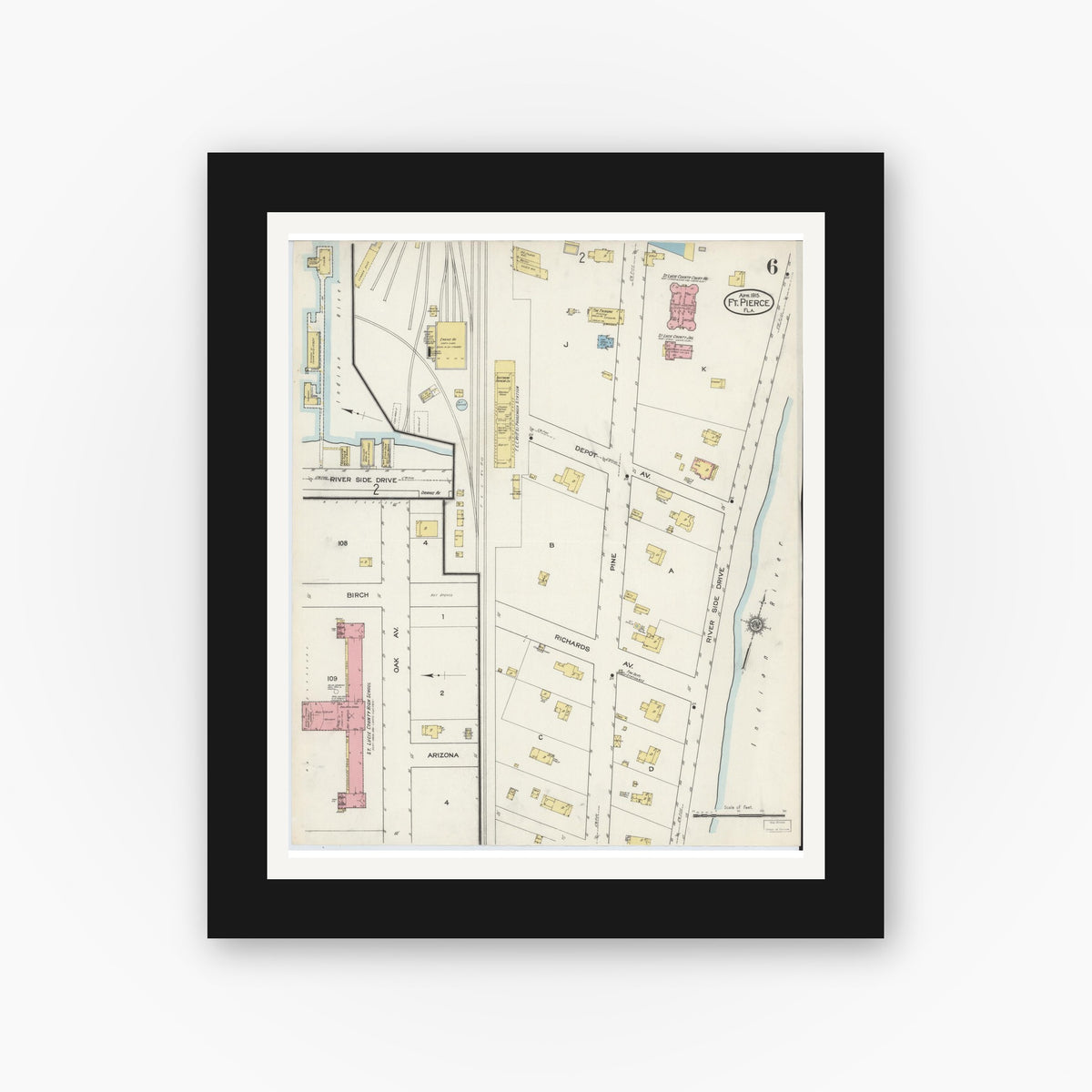 Old map wall art mockup — black gallery frame with white mat — Sanborn Fire Insurance Map from Fort Pierce, St Lucie County, Florida (1915), Sheet #0006