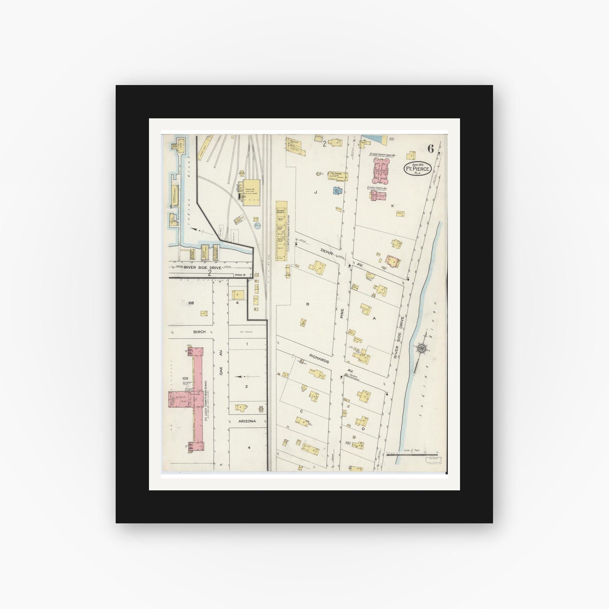 Old map wall art mockup — black gallery frame with white mat — Sanborn Fire Insurance Map from Fort Pierce, St Lucie County, Florida (1915), Sheet #0006
