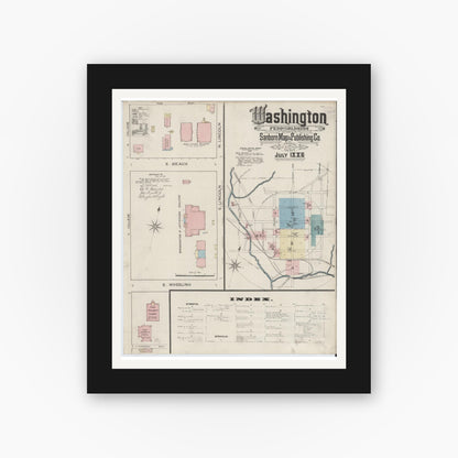 Old map wall art mockup — black gallery frame with white mat — Sanborn Fire Insurance Map from Washington, Washington County, Pennsylvania (1886) - Complete Map Set