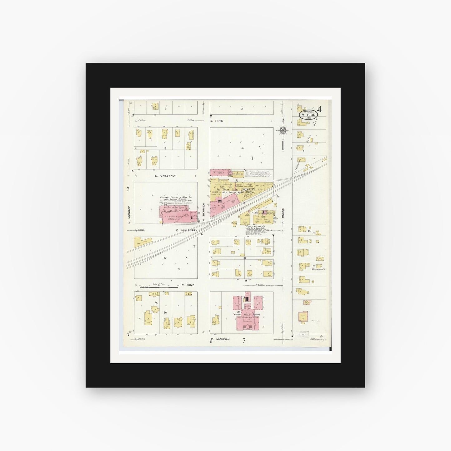 Old map wall art mockup — black gallery frame with white mat — Sanborn Fire Insurance Map from Albion, Calhoun County, Michigan (1913), Sheet #0004