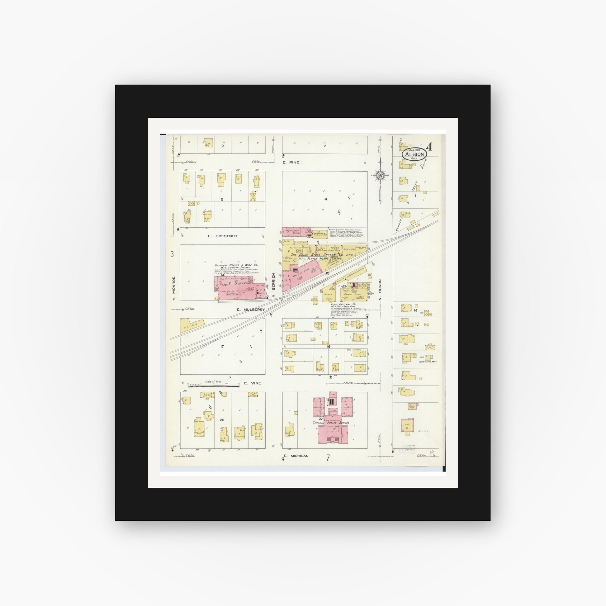 Old map wall art mockup — black gallery frame with white mat — Sanborn Fire Insurance Map from Albion, Calhoun County, Michigan (1913), Sheet #0004