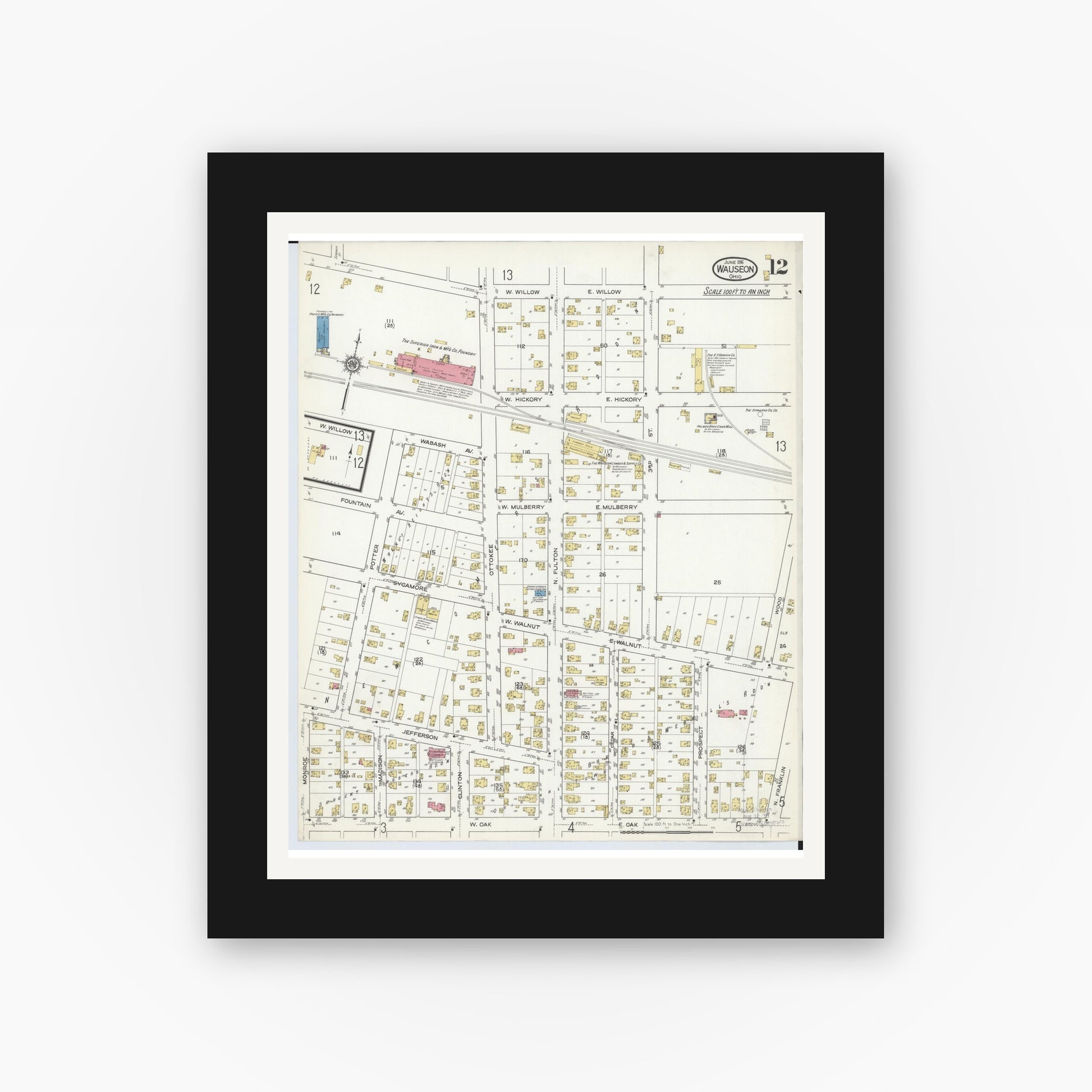 Old map wall art mockup — black gallery frame with white mat — Sanborn Fire Insurance Map from Wauseon, Fulton County, Ohio (1916), Sheet #0012