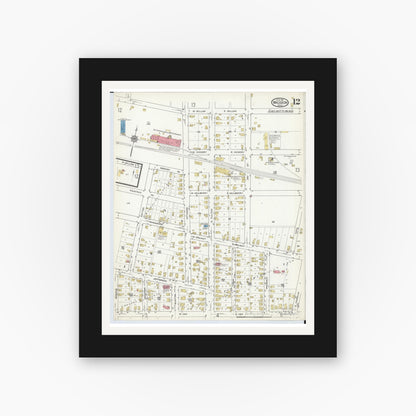 Old map wall art mockup — black gallery frame with white mat — Sanborn Fire Insurance Map from Wauseon, Fulton County, Ohio (1916), Sheet #0012