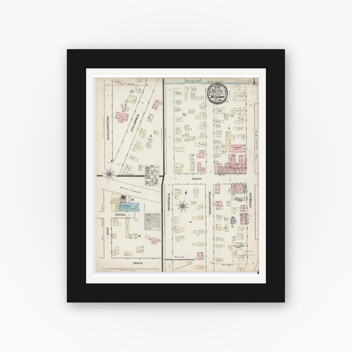 Old map wall art mockup — black gallery frame with white mat — Sanborn Fire Insurance Map from Mohawk, Herkimer County, New York (1884) - Complete Map Set