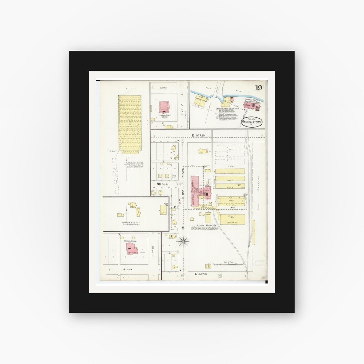 Old map wall art mockup — black gallery frame with white mat — Sanborn Fire Insurance Map from Marshalltown, Marshall County, Iowa (1894), Sheet #0019