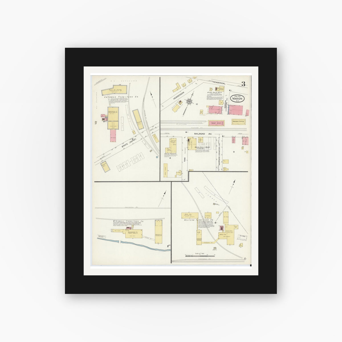 Old map wall art mockup — black gallery frame with white mat — Sanborn Fire Insurance Map from Marion, Mcdowell County, North Carolina (1913), Sheet #0003