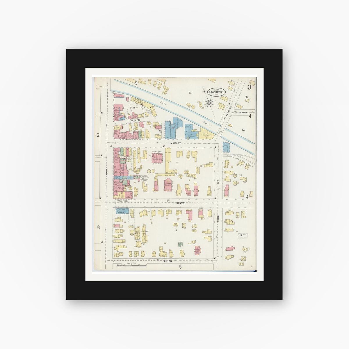 Old map wall art mockup — black gallery frame with white mat — Sanborn Fire Insurance Map from Brockport, Monroe County, New York (1898), Sheet #0003