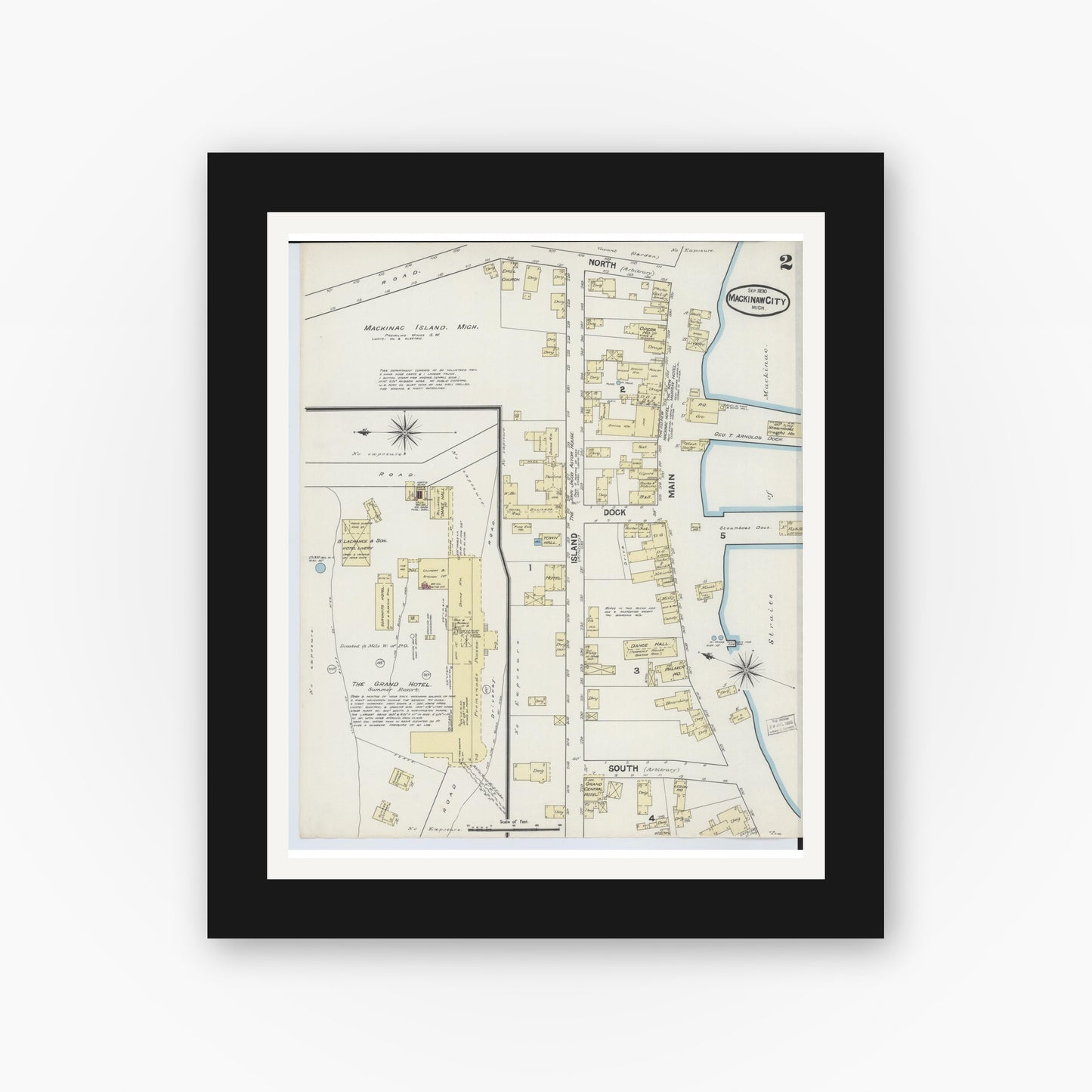 Old map wall art mockup — black gallery frame with white mat — Sanborn Fire Insurance Map from Mackinaw City, Cheboygan County, Michigan (1890), Sheet #0002
