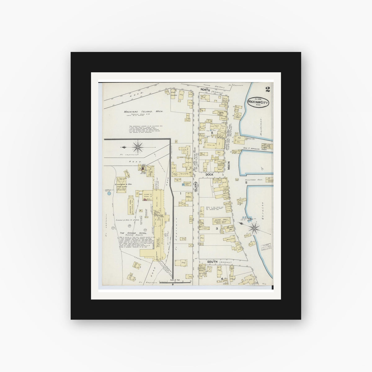 Old map wall art mockup — black gallery frame with white mat — Sanborn Fire Insurance Map from Mackinaw City, Cheboygan County, Michigan (1890), Sheet #0002