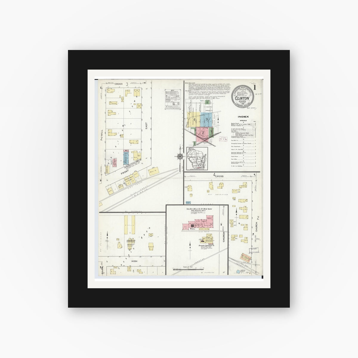 Old map wall art mockup — black gallery frame with white mat — Sanborn Fire Insurance Map from Clinton, Rock County, Wisconsin (1914) - Complete Map Set