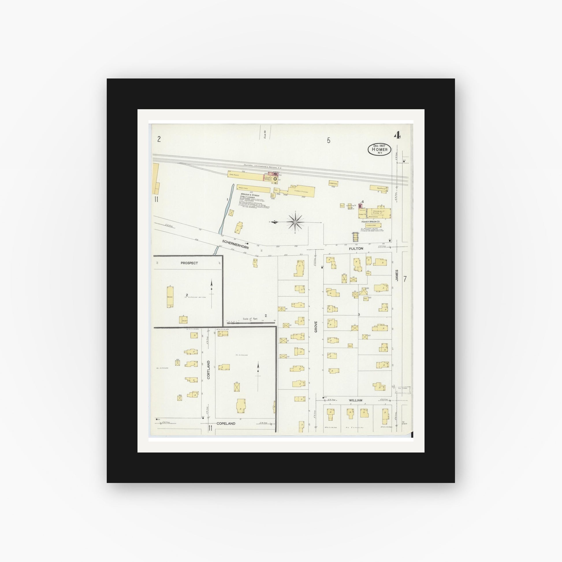 Old map wall art mockup — black gallery frame with white mat — Sanborn Fire Insurance Map from Homer, Cortland County, New York (1907), Sheet #0004