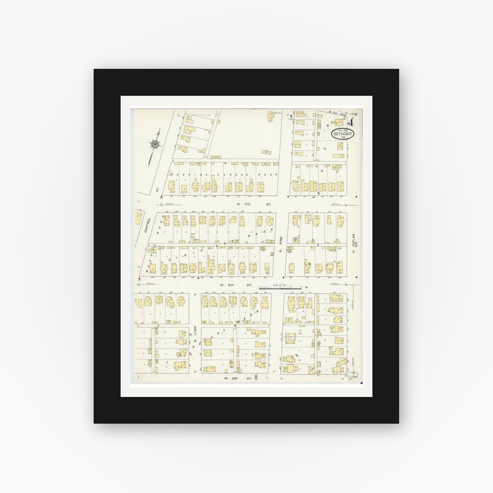 Old map wall art mockup — black gallery frame with white mat — Sanborn Fire Insurance Map from Seymour, Jackson County, Indiana (1913), Sheet #0004