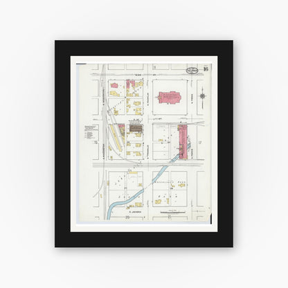 Old map wall art mockup — black gallery frame with white mat — Sanborn Fire Insurance Map from Delphos, Van Wert And Allen Counties, Ohio (1921), Sheet #0016
