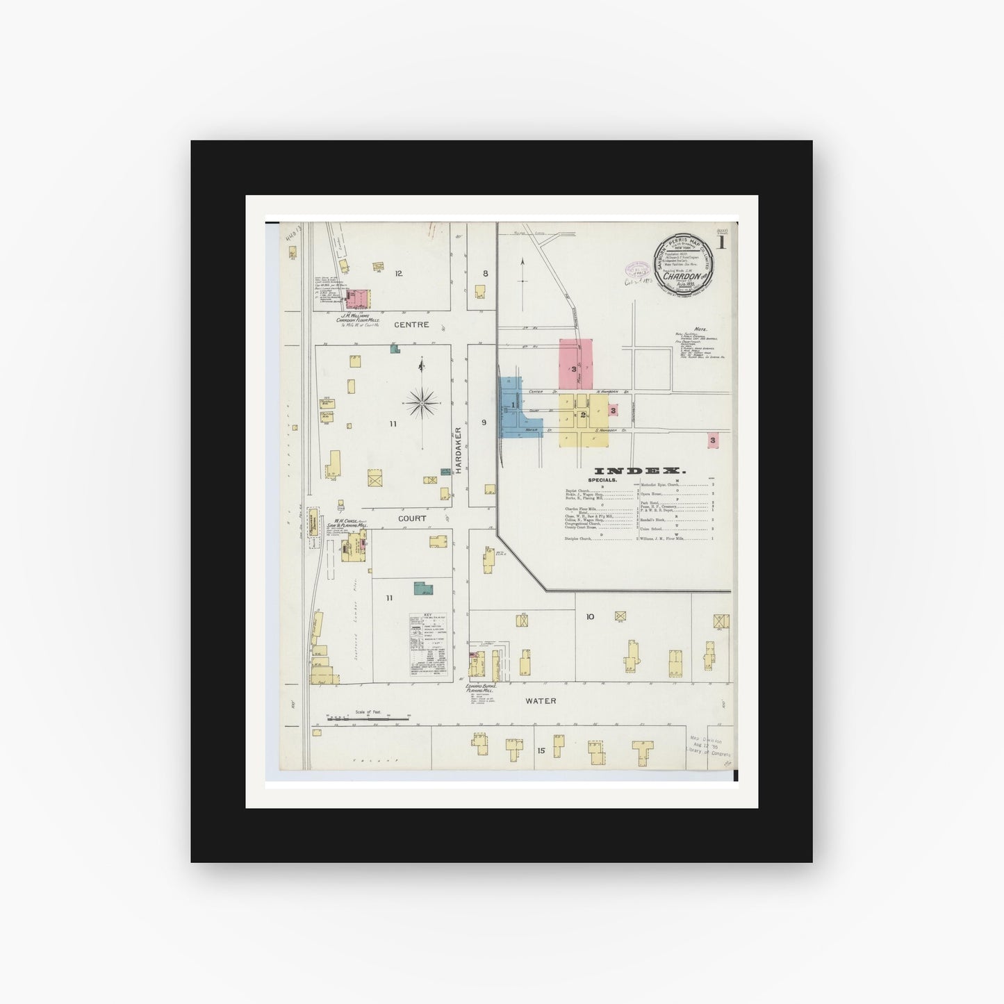 Old map wall art mockup — black gallery frame with white mat — Sanborn Fire Insurance Map from Chardon, Geauga County, Ohio (1893), Sheet #0001