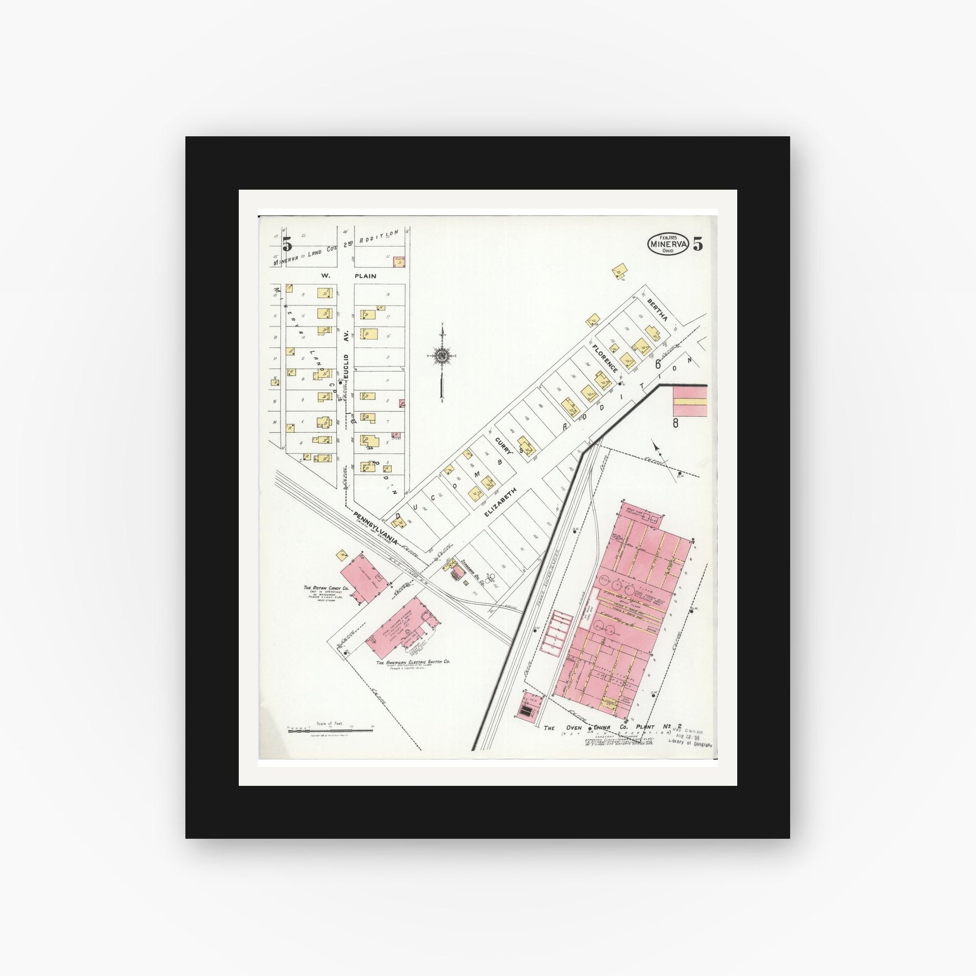Old map wall art mockup — black gallery frame with white mat — Sanborn Fire Insurance Map from Minerva, Stark And Carroll Counties, Ohio (1925), Sheet #0005