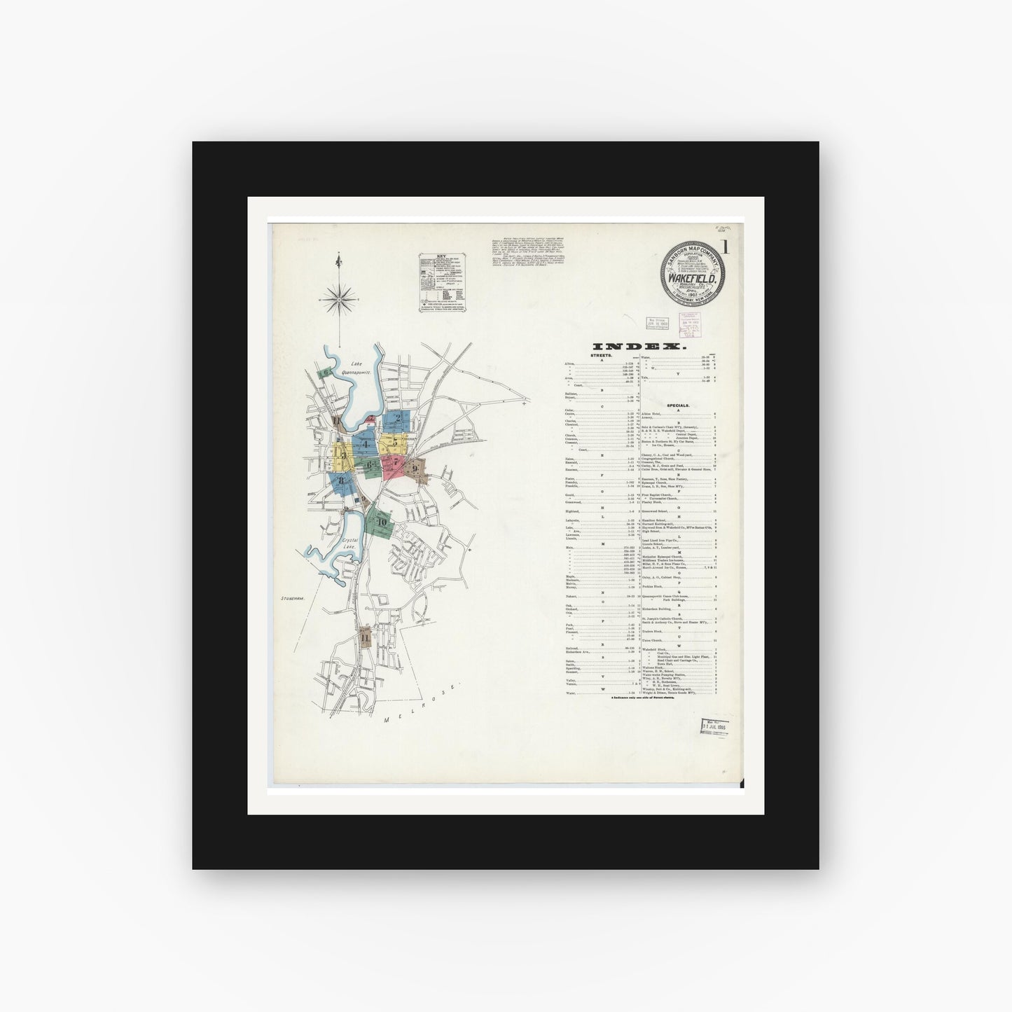 Old map wall art mockup — black gallery frame with white mat — Sanborn Fire Insurance Map from Wakefield, Middlesex County, Massachusetts (1903), Sheet #0001
