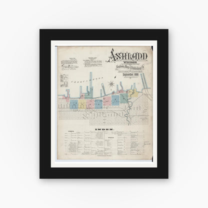 Old map wall art mockup — black gallery frame with white mat — Sanborn Fire Insurance Map from Ashland, Ashland County, Wisconsin (1886) - Complete Map Set