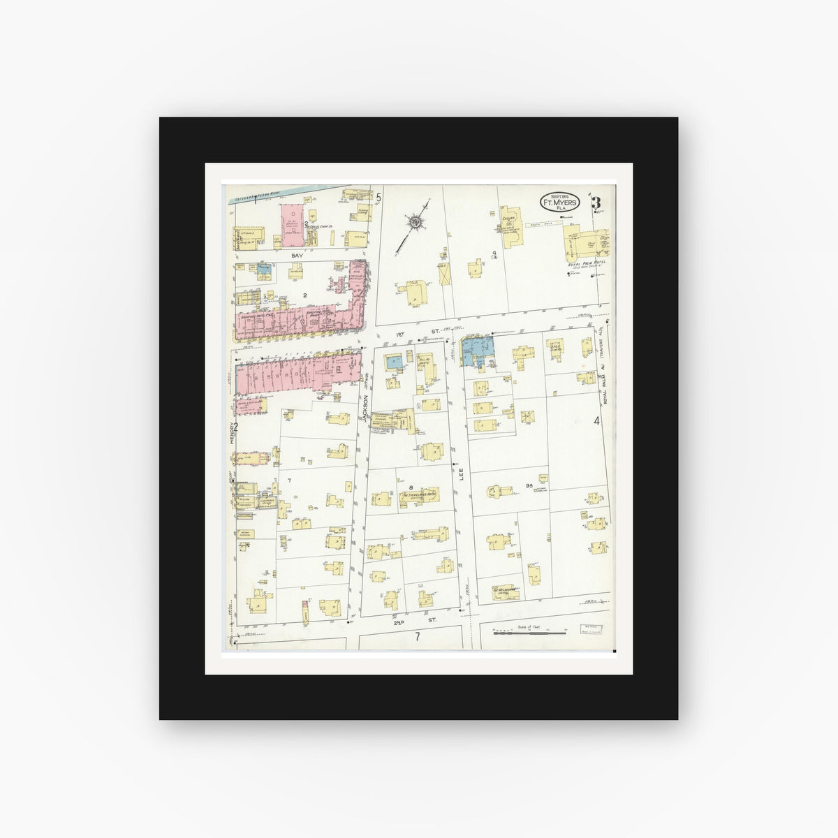 Old map wall art mockup — black gallery frame with white mat — Sanborn Fire Insurance Map from Fort Myers, Lee County, Florida (1914), Sheet #0003