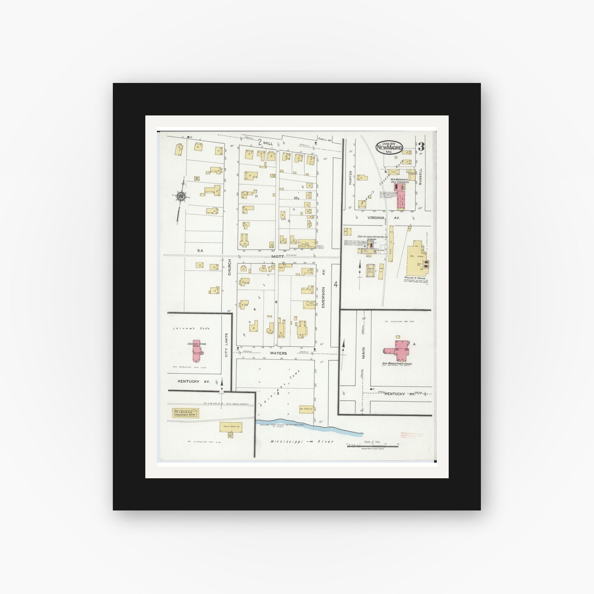 Old map wall art mockup — black gallery frame with white mat — Sanborn Fire Insurance Map from New Madrid, New Madrid County, Missouri (1919), Sheet #0003