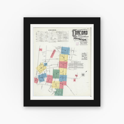 Old map wall art mockup — black gallery frame with white mat — Sanborn Fire Insurance Map from Concord, Cabarrus County, North Carolina (1906) - Complete Map Set