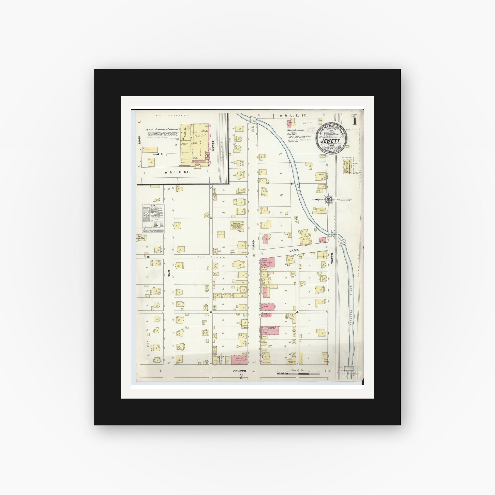 Old map wall art mockup — black gallery frame with white mat — Sanborn Fire Insurance Map from Jewett, Harrison County, Ohio (1911) - Complete Map Set