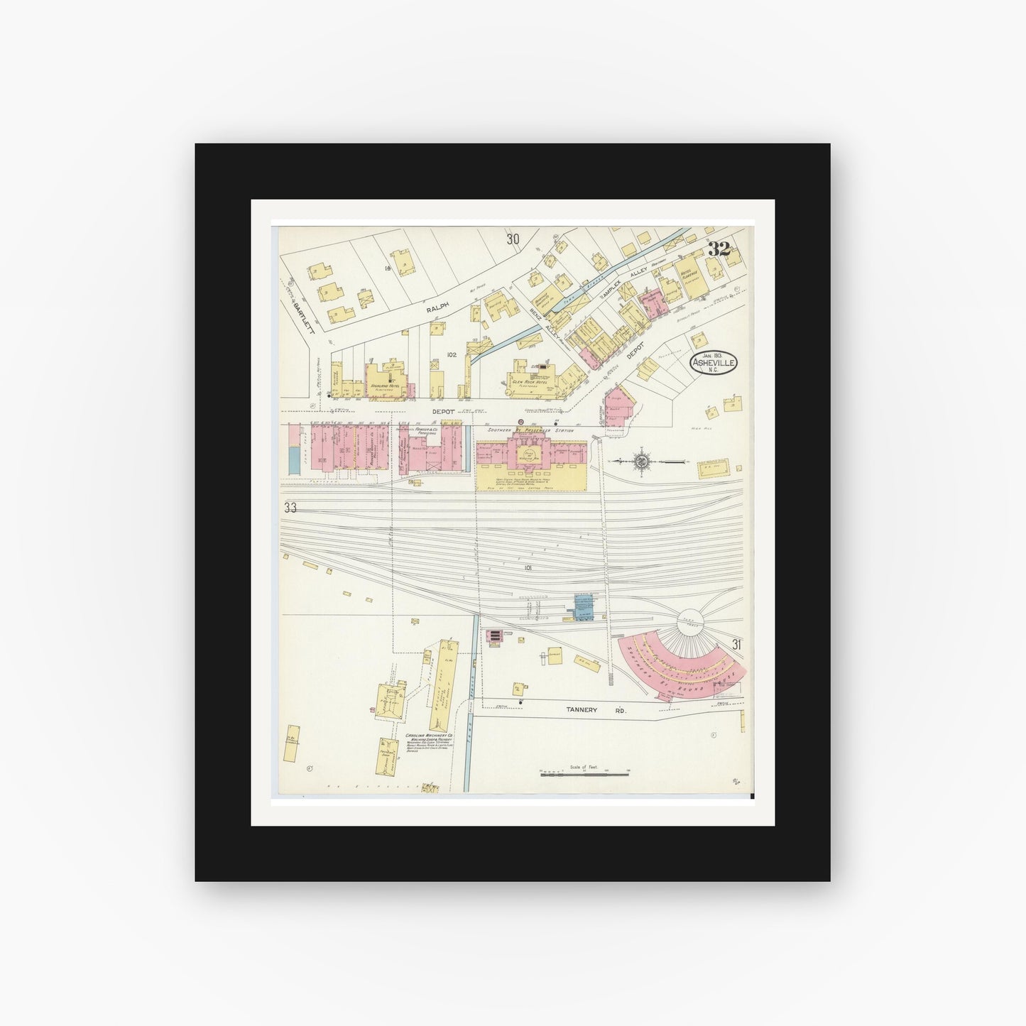 Old map wall art mockup — black gallery frame with white mat — Sanborn Fire Insurance Map from Asheville, Buncombe County, North Carolina (1913), Sheet #0032