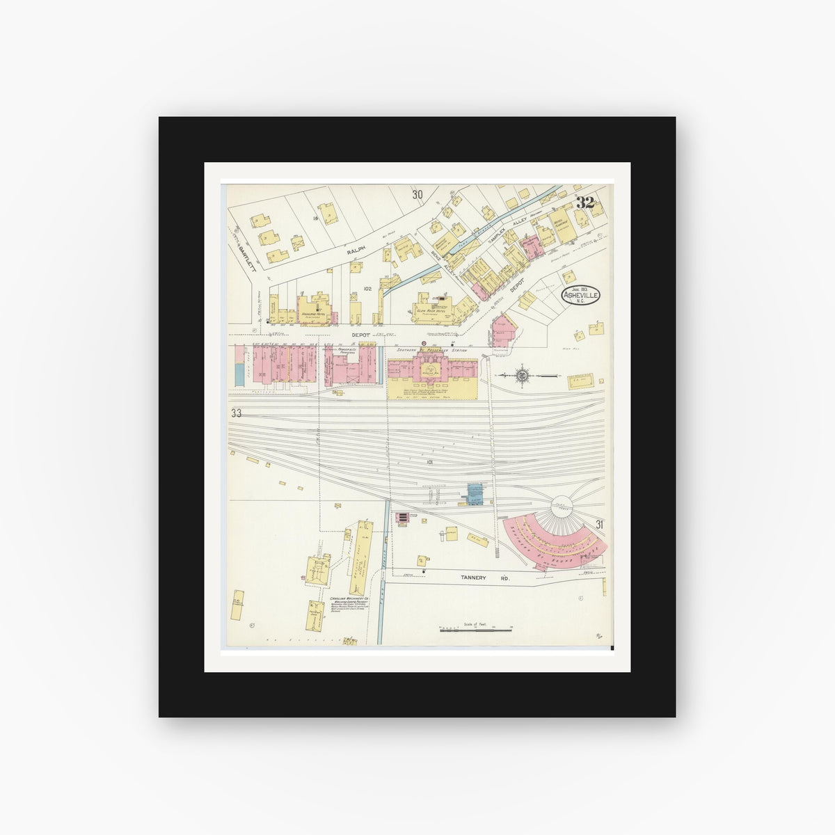 Old map wall art mockup — black gallery frame with white mat — Sanborn Fire Insurance Map from Asheville, Buncombe County, North Carolina (1913), Sheet #0032