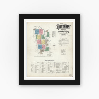 Old map wall art mockup — black gallery frame with white mat — Sanborn Fire Insurance Map from Rochester, Fulton County, Indiana (1913), Sheet #0001