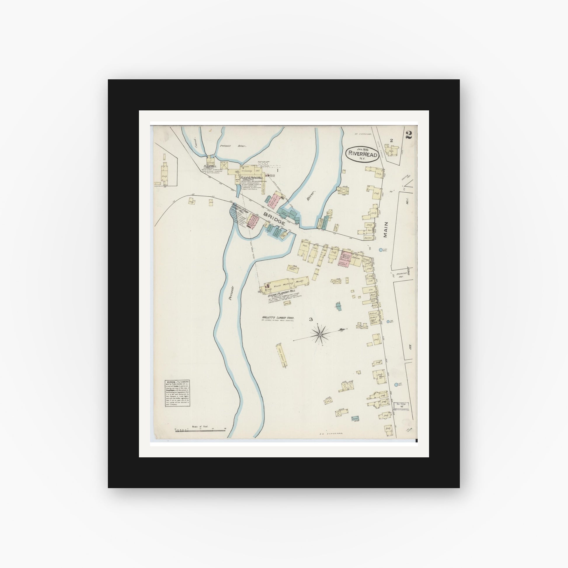 Old map wall art mockup — black gallery frame with white mat — Sanborn Fire Insurance Map from Riverhead, Suffolk County, New York (1885), Sheet #0002