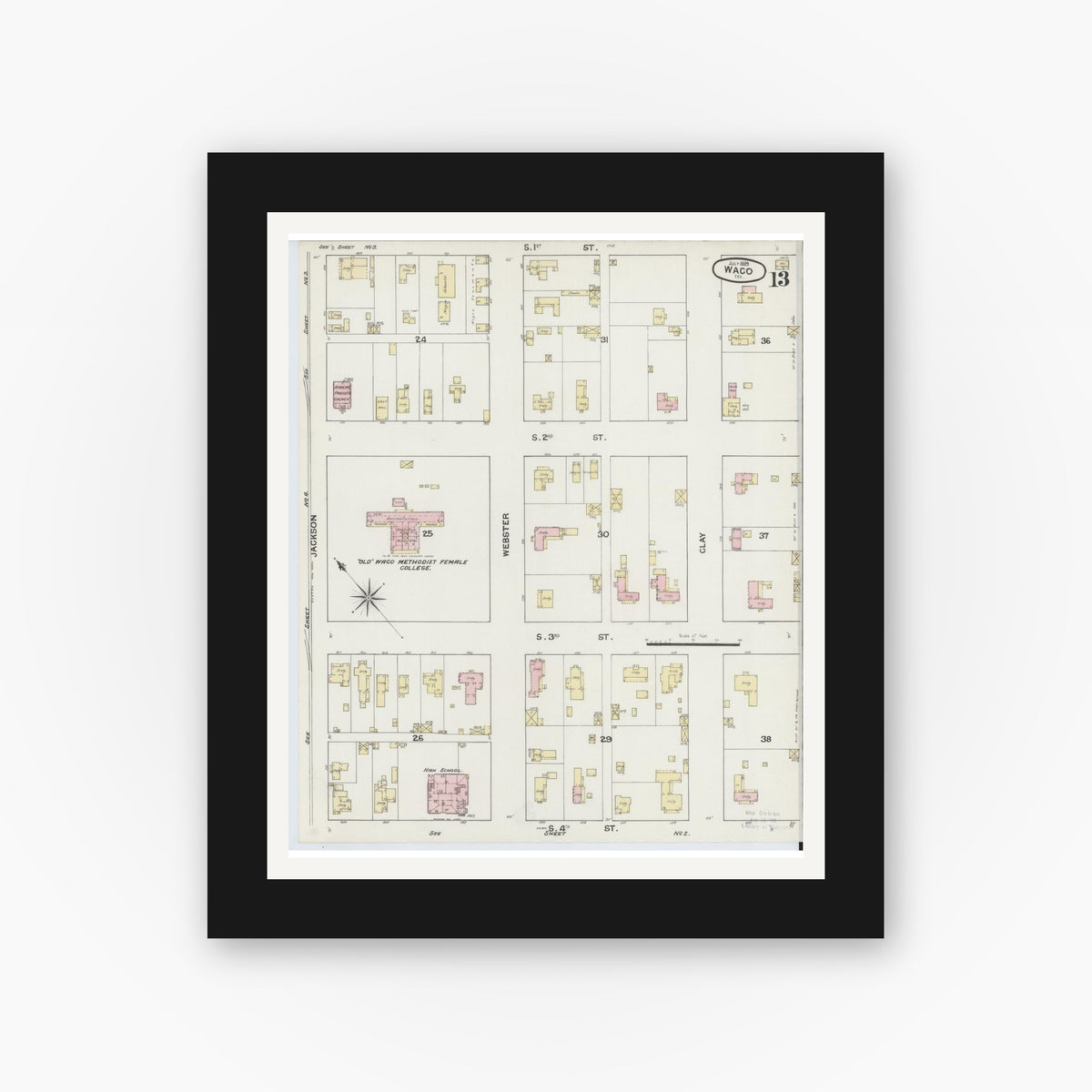 Old map wall art mockup — black gallery frame with white mat — Sanborn Fire Insurance Map from Waco, McLennan County, Texas (1889), Sheet #0013