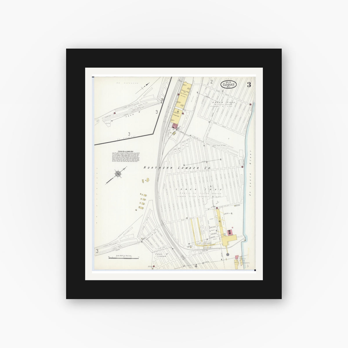 Old map wall art mockup — black gallery frame with white mat — Sanborn Fire Insurance Map from Cloquet, Carlton County, Minnesota (1911), Sheet #0003