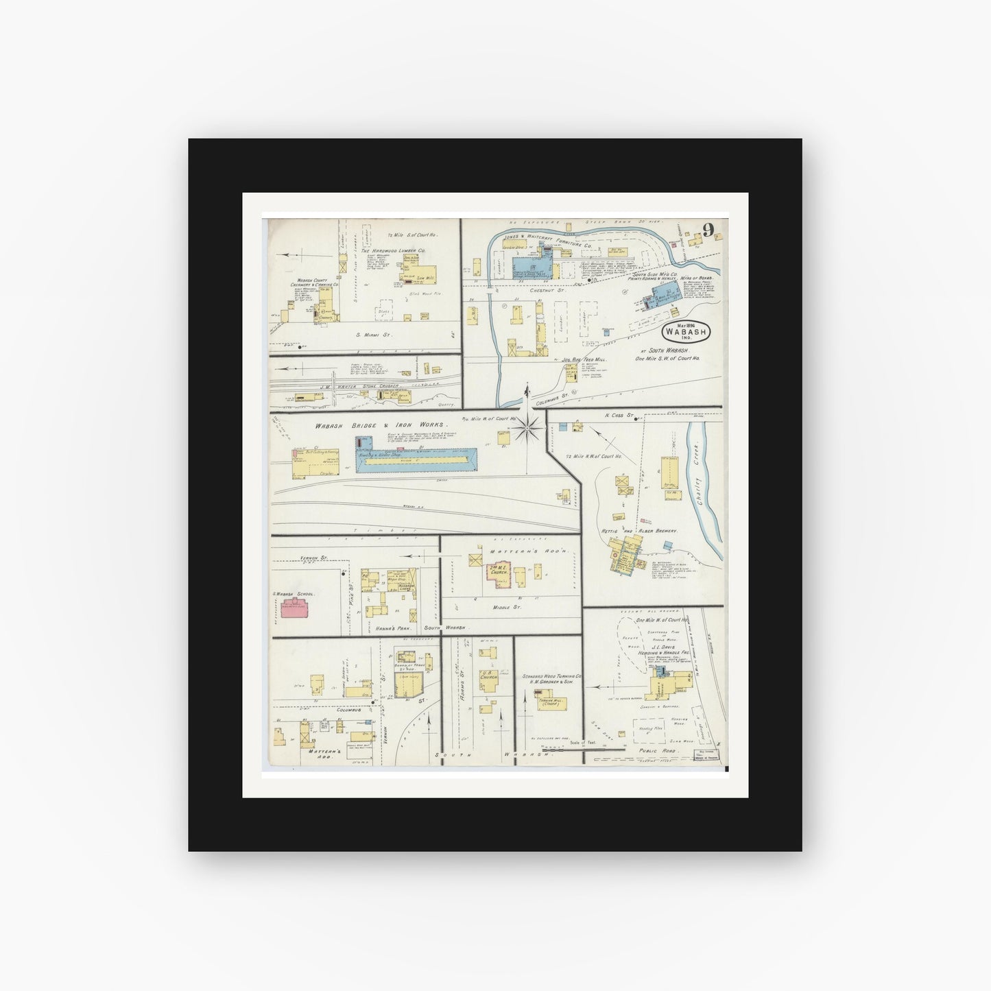 Old map wall art mockup — black gallery frame with white mat — Sanborn Fire Insurance Map from Wabash, Wabash County, Indiana (1896), Sheet #0009