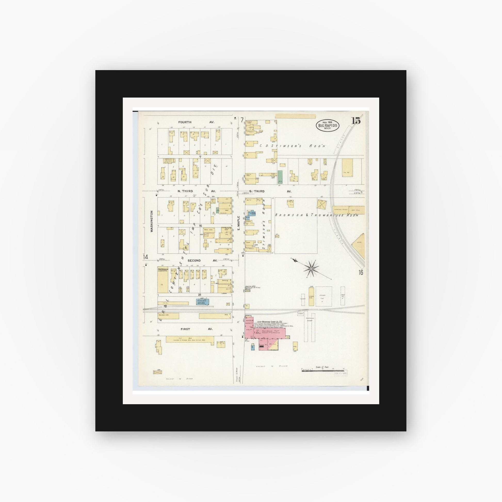 Old map wall art mockup — black gallery frame with white mat — Sanborn Fire Insurance Map from Big Rapids, Mecosta County, Michigan (1908), Sheet #0015