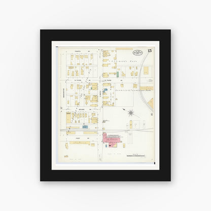 Old map wall art mockup — black gallery frame with white mat — Sanborn Fire Insurance Map from Big Rapids, Mecosta County, Michigan (1908), Sheet #0015